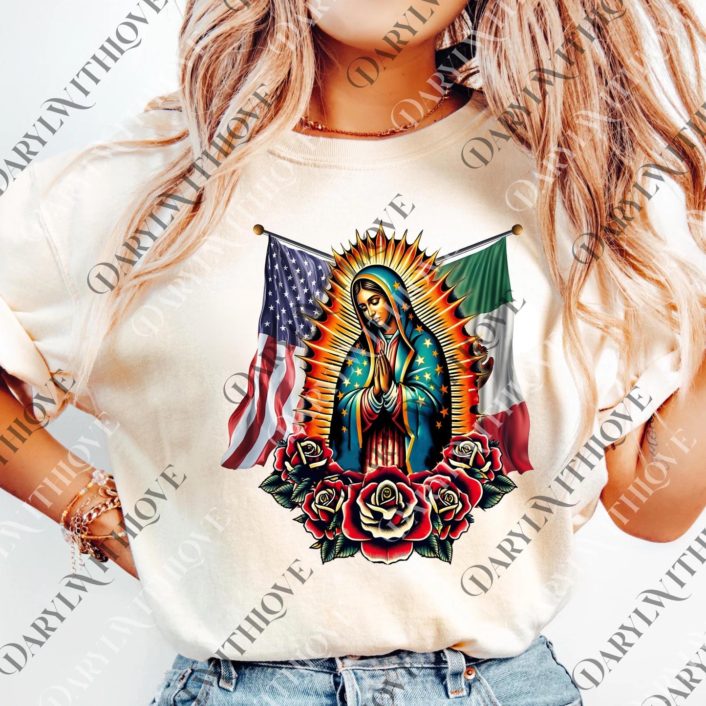 Virgen De Guadalupe png, Virgin Mary Mexican American Flag png, Mexican Pride png, Pullover png