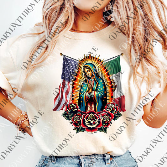 Virgen De Guadalupe png, Virgin Mary Mexican American Flag png, Mexican Pride png, Pullover png