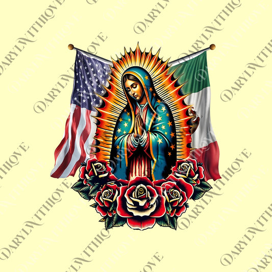 Virgen De Guadalupe png, Virgin Mary Mexican American Flag png, Mexican Pride png, Pullover png