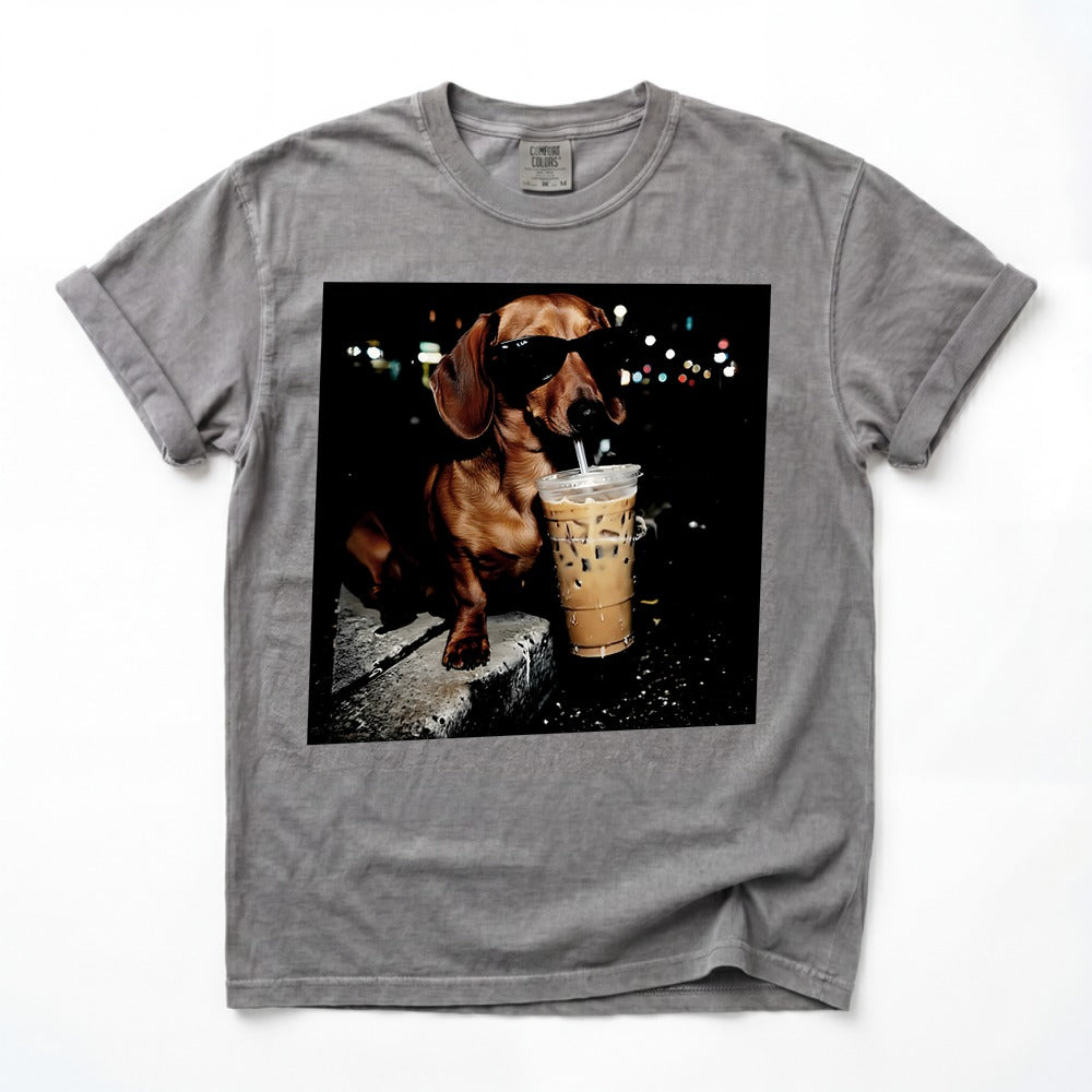 Comfort Colors Funny Dachshund Drinking Iced Coffee Shirt