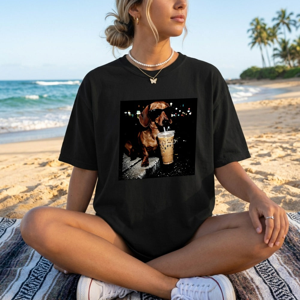 Comfort Colors Funny Dachshund Drinking Iced Coffee Shirt