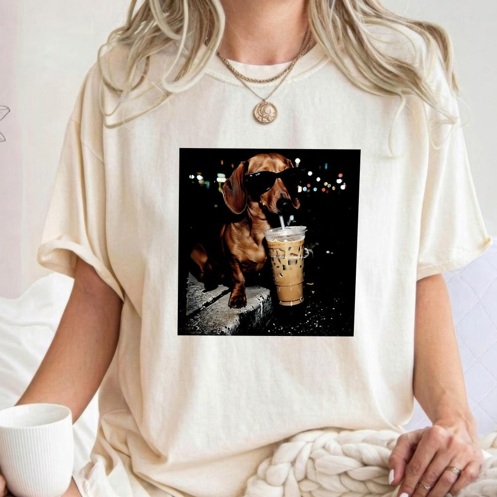 Comfort Colors Funny Dachshund Drinking Iced Coffee Shirt