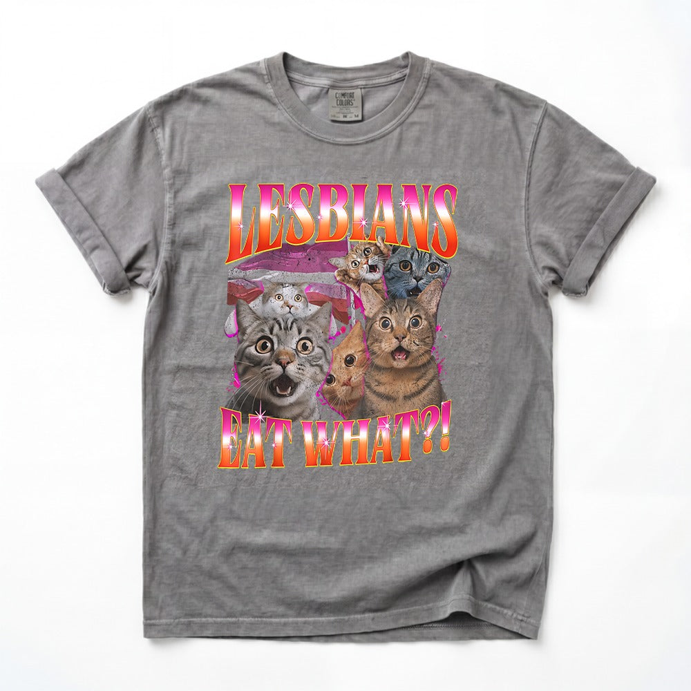 Vintage Lesbians Eat What?! Funny Offensive Cat Bootleg T-shirt