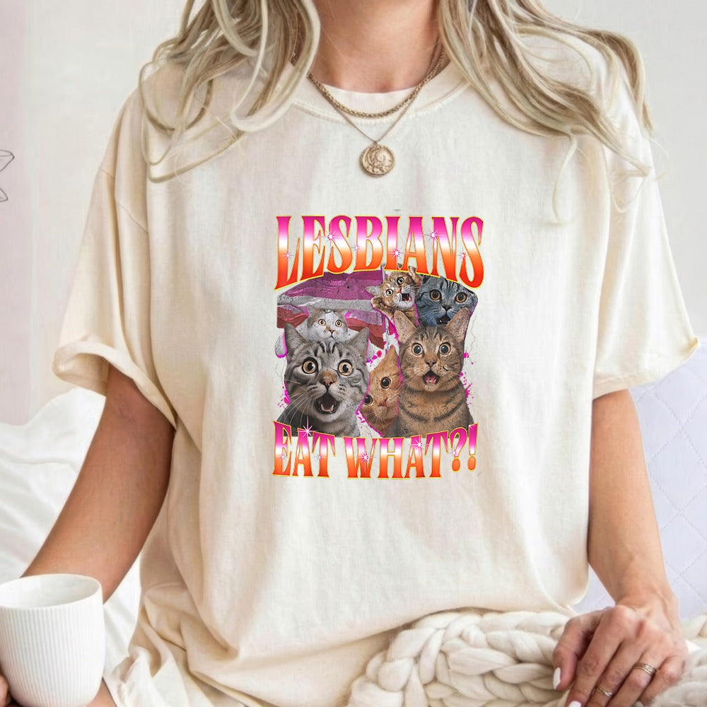 Vintage Lesbians Eat What?! Funny Offensive Cat Bootleg T-shirt
