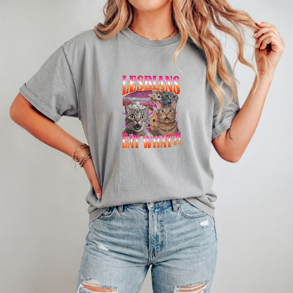 Vintage Lesbians Eat What?! Funny Offensive Cat Bootleg T-shirt