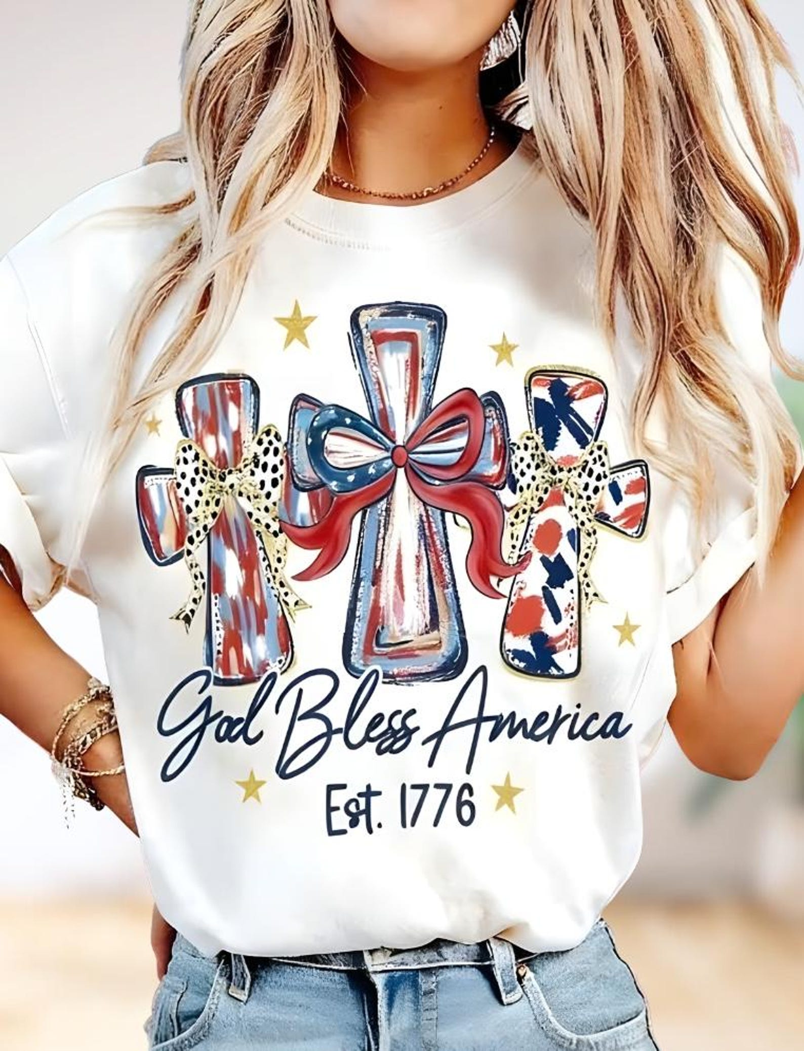 God Bless America Patriotic Cross Flag T-Shirt