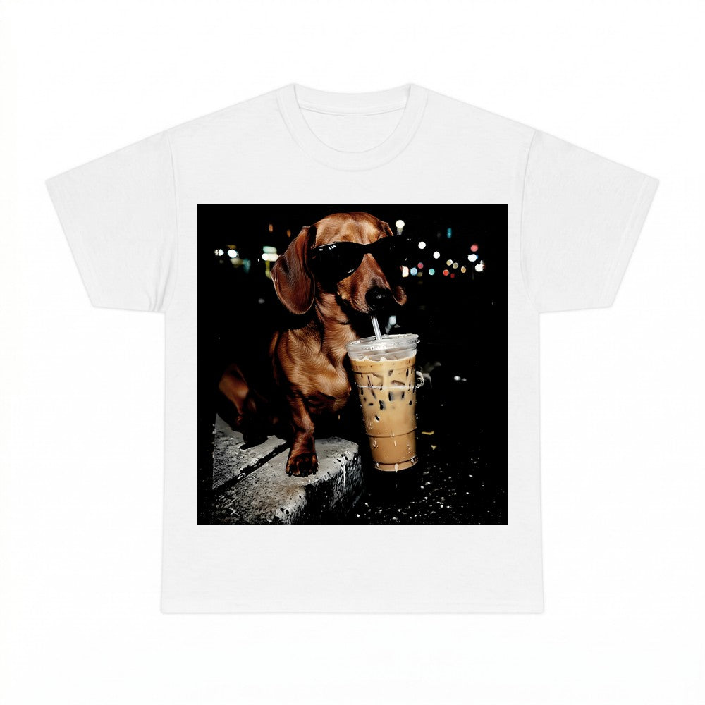 Funny Dachshund Drinking Iced Coffee Shirt - Gildan Unisex T