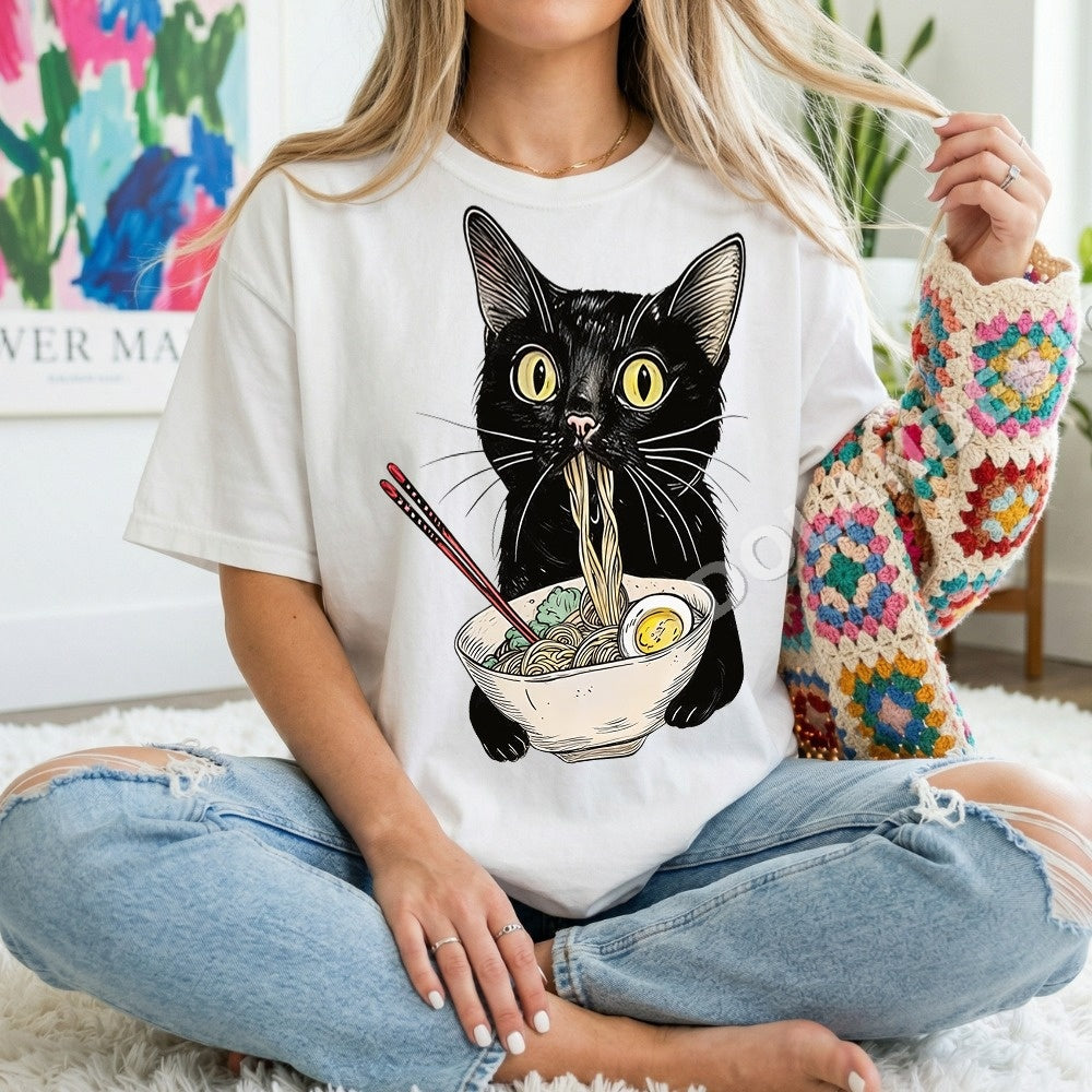 Black Cat Ramen PNG, Funny Cat Lover Digital Download, Cute Kitten Sublimation