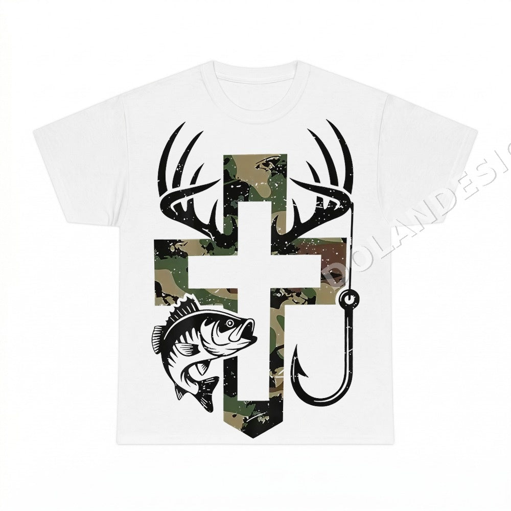 Christian Fishing Cross Camo Antlers PNG, Religious Fisherman Digital Download