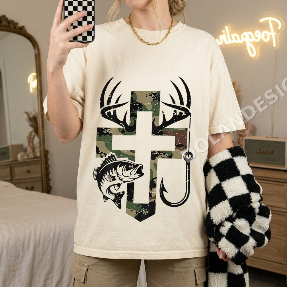 Christian Fishing Cross Camo Antlers PNG, Religious Fisherman Digital Download