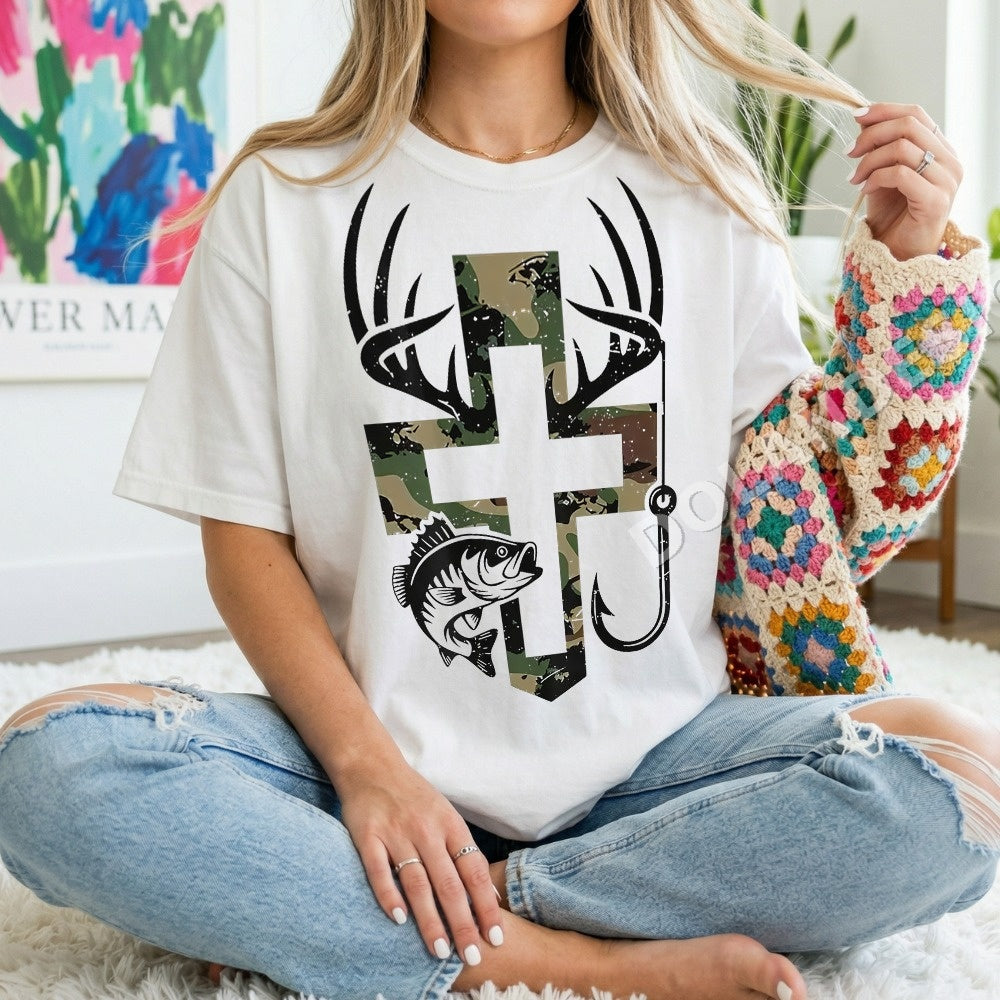 Christian Fishing Cross Camo Antlers PNG, Religious Fisherman Digital Download