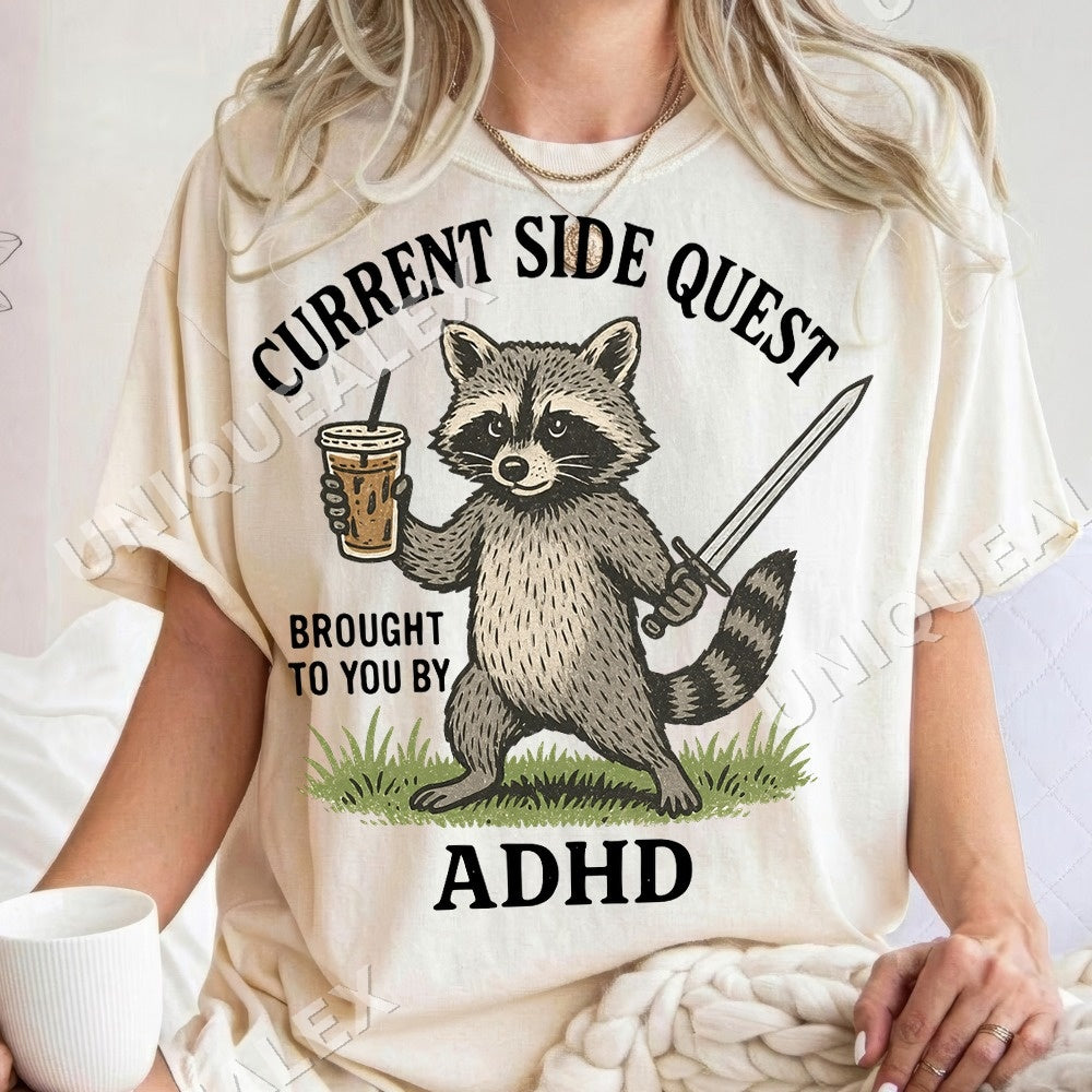 Current Side Quest Adhd Raccoon PNG, Funny Coffee Sword Digital Download