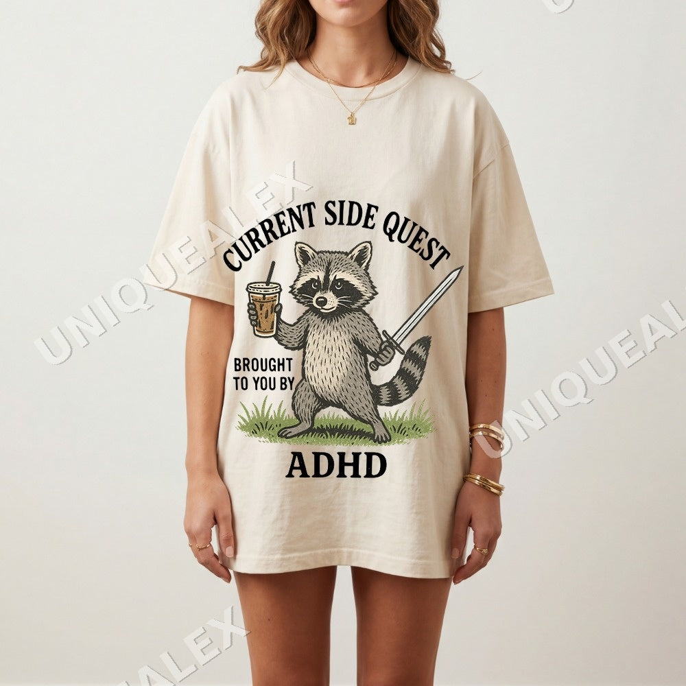 Current Side Quest Adhd Raccoon PNG, Funny Coffee Sword Digital Download