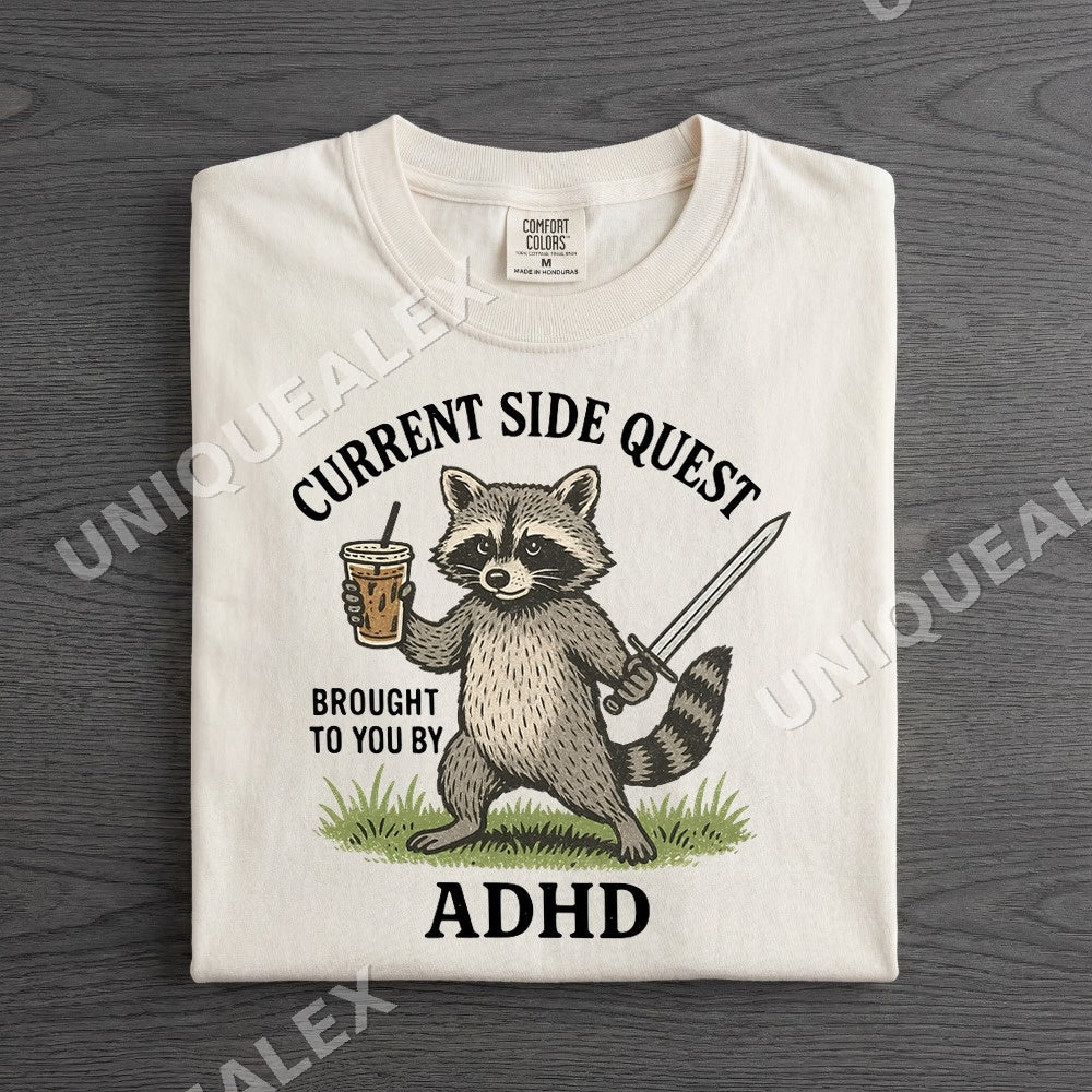 Current Side Quest Adhd Raccoon PNG, Funny Coffee Sword Digital Download