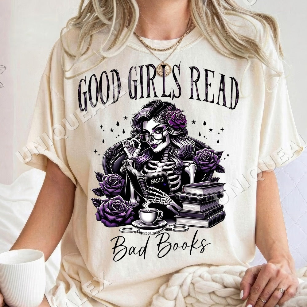 Good Girls Read Bad Books PNG, Gothic Halloween Digital Download, Skeleton Witchy Art