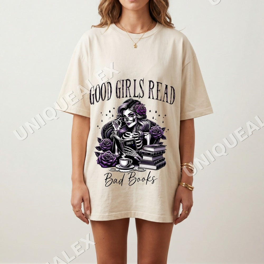 Good Girls Read Bad Books PNG, Gothic Halloween Digital Download, Skeleton Witchy Art