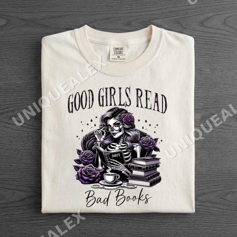 Good Girls Read Bad Books PNG, Gothic Halloween Digital Download, Skeleton Witchy Art