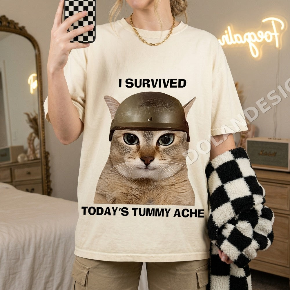 I Survived Todays Tummy Ache Cat Shirt - Gildan Unisex Tee