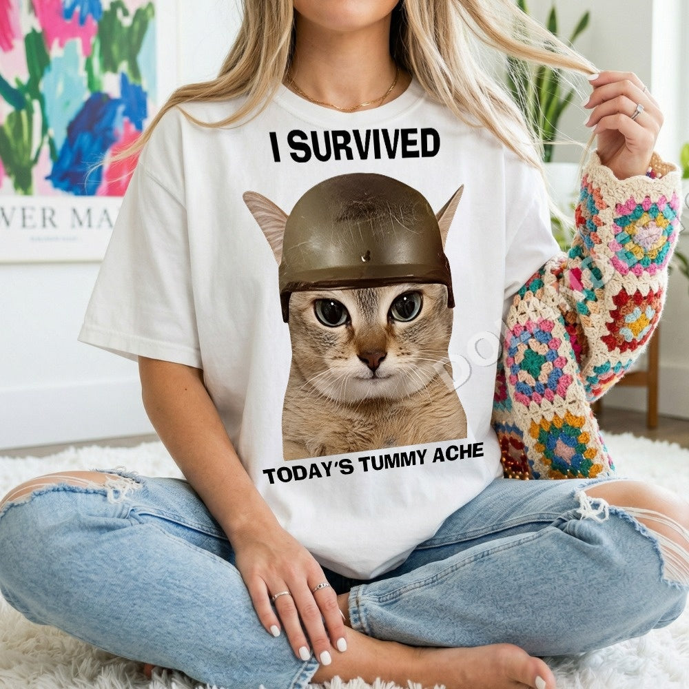 I Survived Todays Tummy Ache Cat Shirt - Gildan Unisex Tee