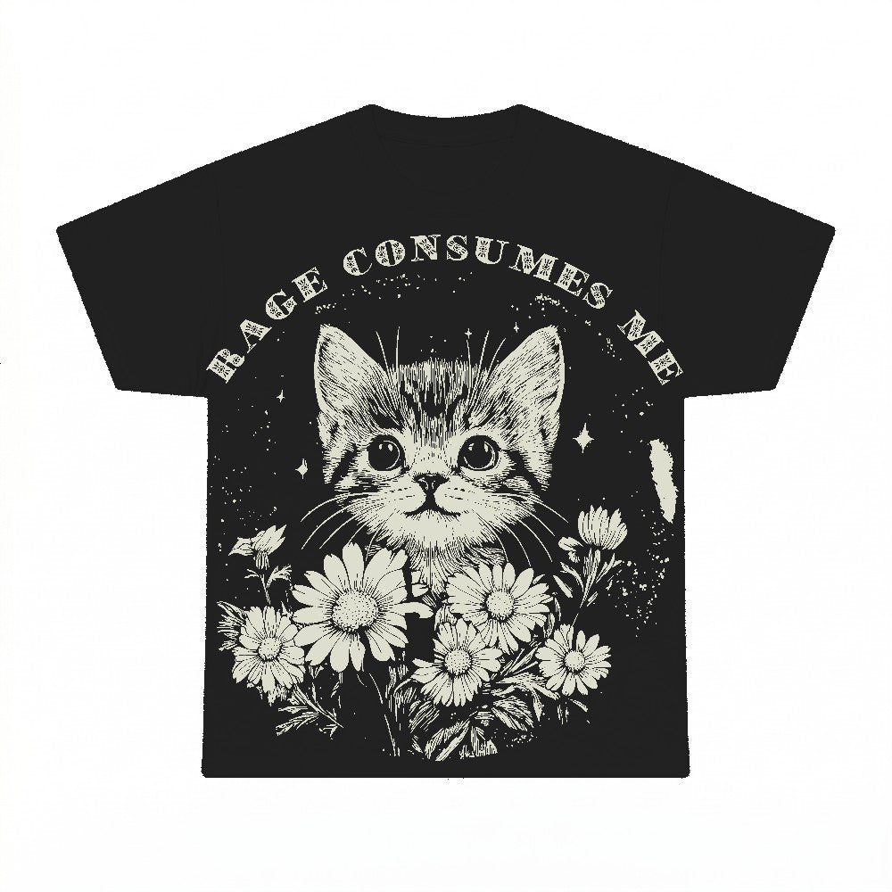Rage Consumes Me vintage cat meme on black tee
